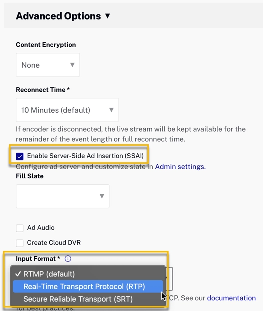 Live Settings for SSAI Channel