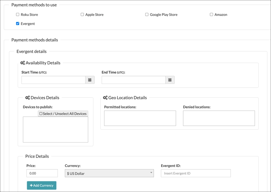Evergent payment details