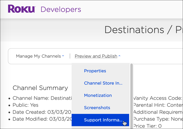 Menu déroulant Informations sur le support